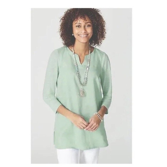 J. JILL Love Linen Tunic Women’s S Seaglass Green Mixed Media A-Line Slits NEW - Picture 1 of 5